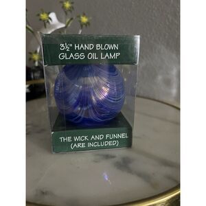 Glass Oil Lamp hand blown Blue Swirl Art Deco Boho wick 3.5" New